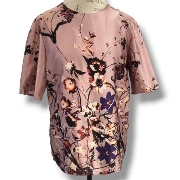 Y.A.S Satin Mauve Floral Print Short Sleeve Blouse - Size Large - Picture 1 of 10
